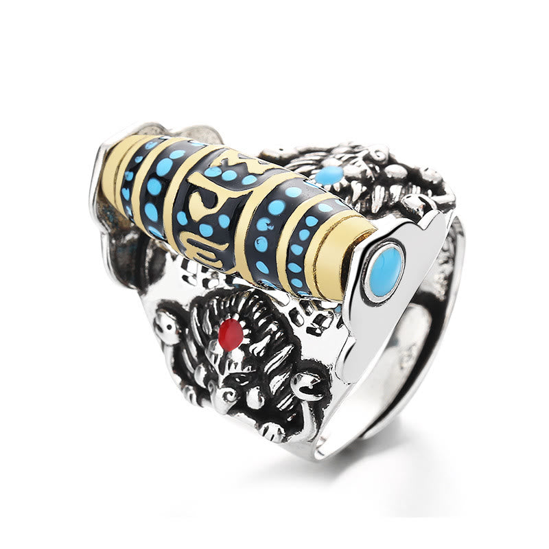 Buddha Stones Tibetan Om Mani Padme Hum Garuda Dzi Bead Pattern Peace Rotatable Ring - image 8