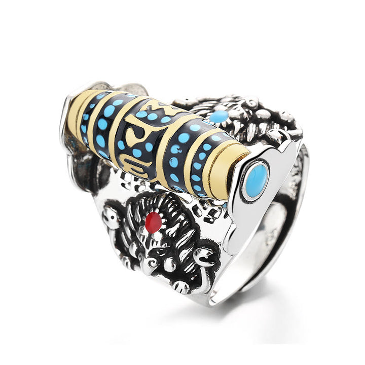 Buddha Stones Tibetan Om Mani Padme Hum Garuda Dzi Bead Pattern Peace Rotatable Ring - image 8