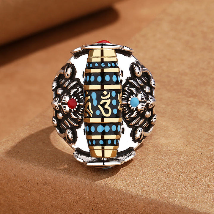 Buddha Stones Tibetan Om Mani Padme Hum Garuda Dzi Bead Pattern Peace Rotatable Ring - image 1