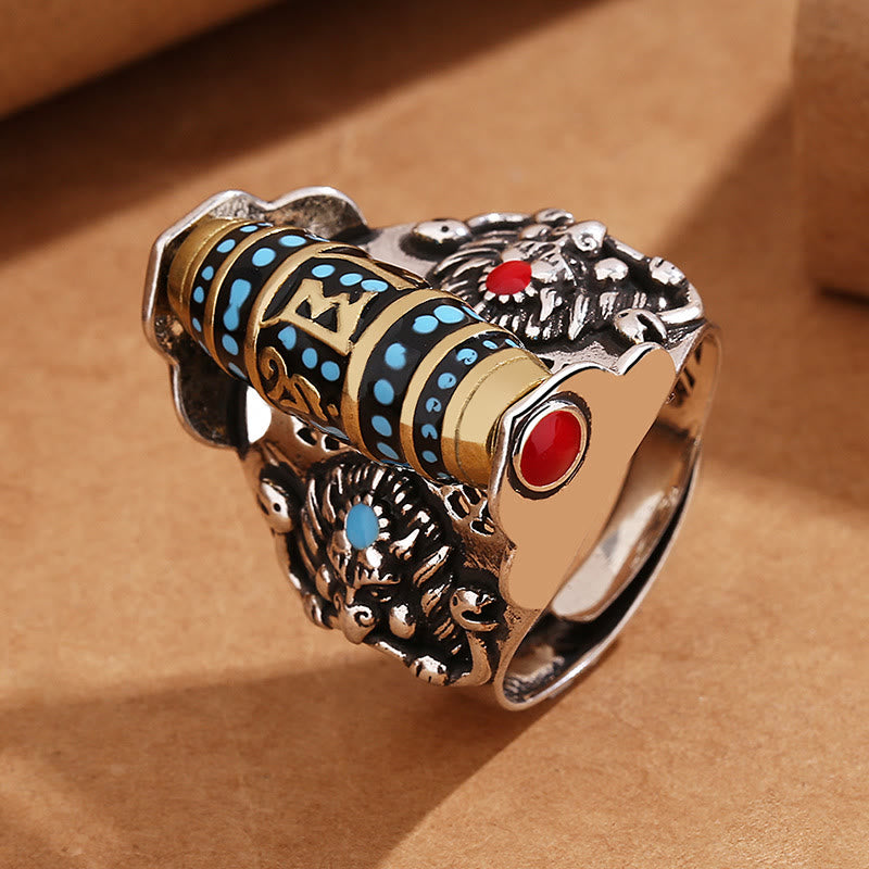 Buddha Stones Tibetan Om Mani Padme Hum Garuda Dzi Bead Pattern Peace Rotatable Ring - image 3