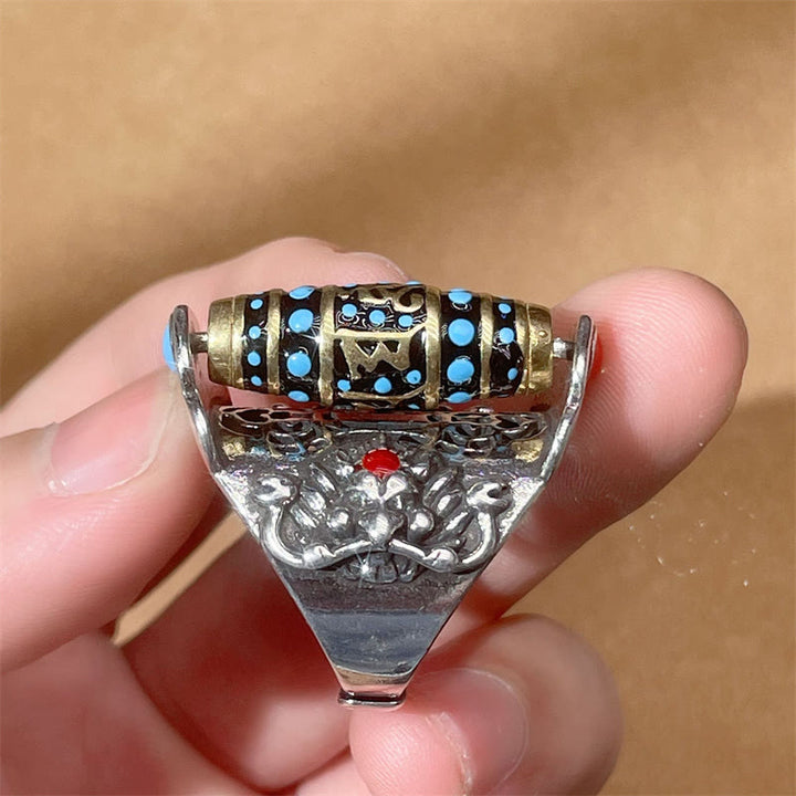 Buddha Stones Tibetan Om Mani Padme Hum Garuda Dzi Bead Pattern Peace Rotatable Ring - image 7