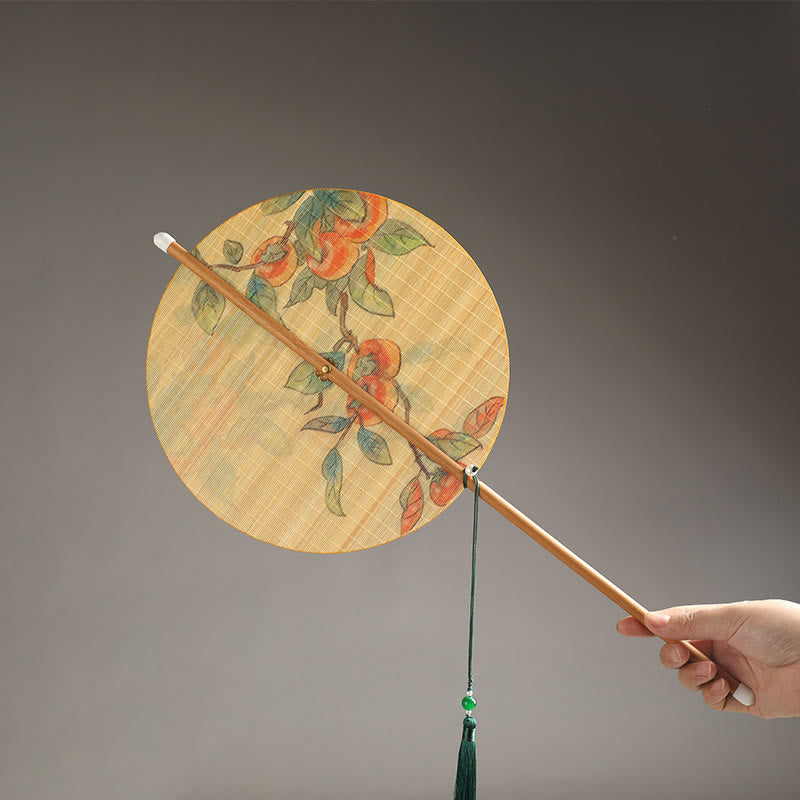 Buddha Stones Handmade Birds Flowers Persimmons Fruit Koi Fish Lotus Bamboo Long Handle Portable Curlable Fan - Persimmons 24*50cm - image 4