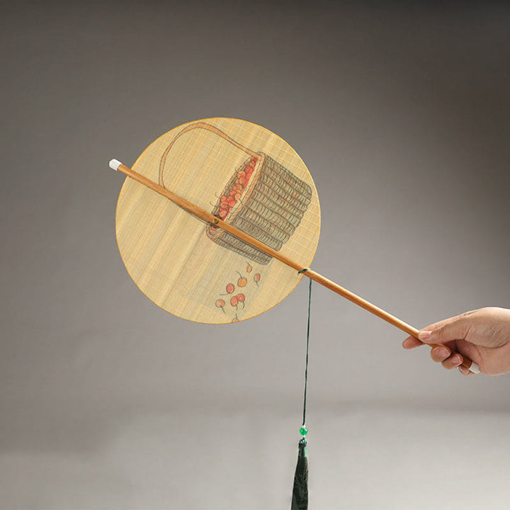 Buddha Stones Handmade Birds Flowers Persimmons Fruit Koi Fish Lotus Bamboo Long Handle Portable Curlable Fan - Fruit 24*50cm - image 6