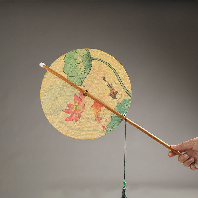 Buddha Stones Handmade Birds Flowers Persimmons Fruit Koi Fish Lotus Bamboo Long Handle Portable Curlable Fan - Koi Fish Lotus 24*50cm - image 8