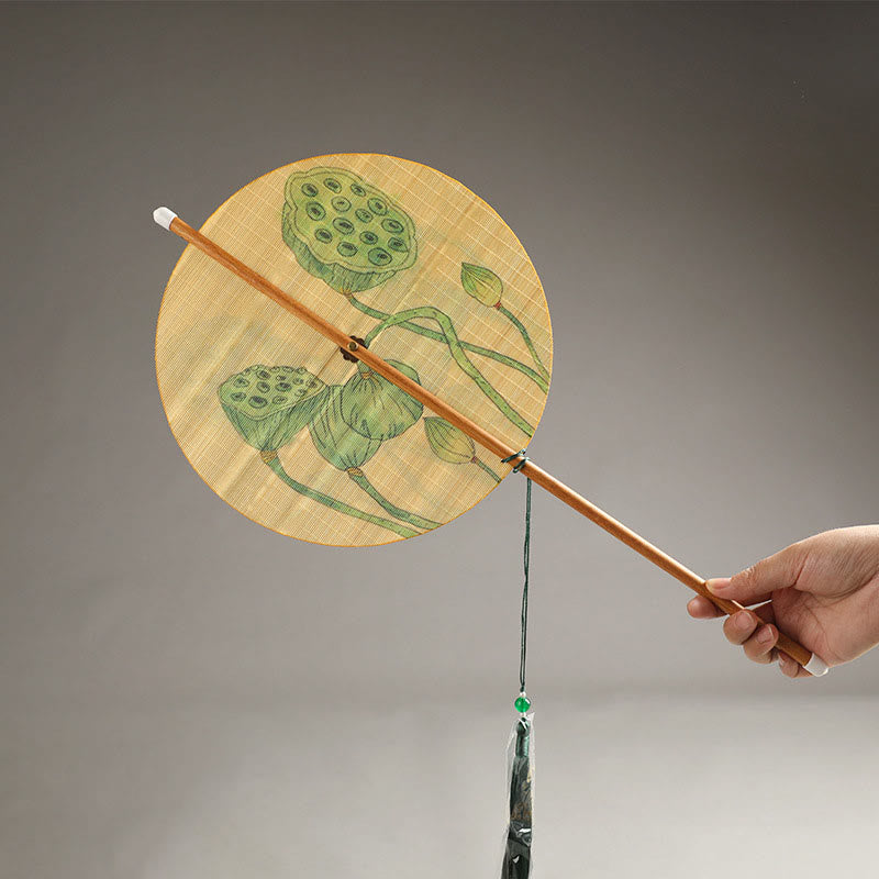 Buddha Stones Handmade Birds Flowers Persimmons Fruit Koi Fish Lotus Bamboo Long Handle Portable Curlable Fan - Lotus Pod 24*50cm - image 11