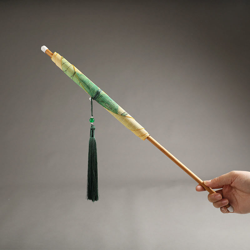 Buddha Stones Handmade Birds Flowers Persimmons Fruit Koi Fish Lotus Bamboo Long Handle Portable Curlable Fan - image 10