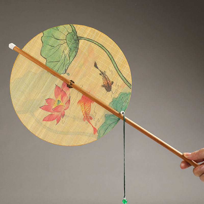 Buddha Stones Handmade Birds Flowers Persimmons Fruit Koi Fish Lotus Bamboo Long Handle Portable Curlable Fan - image 9