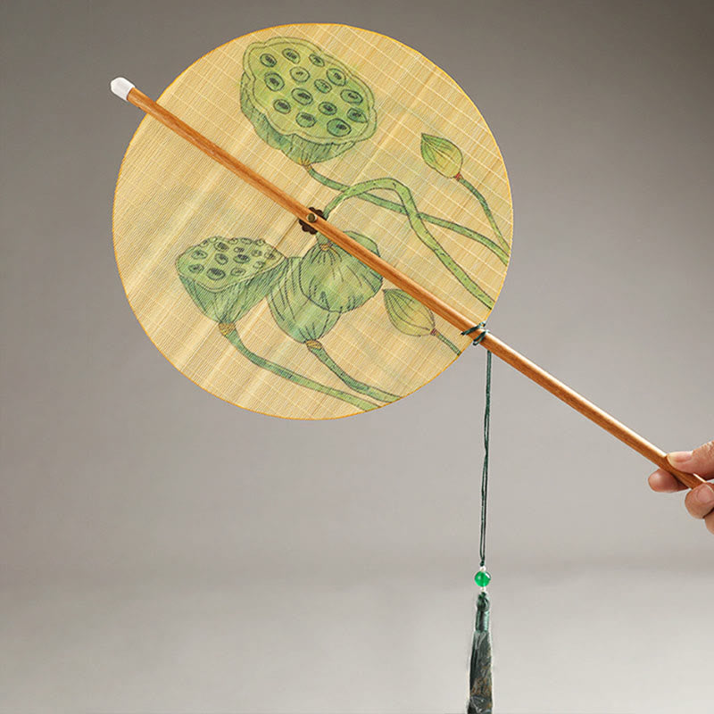 Buddha Stones Handmade Birds Flowers Persimmons Fruit Koi Fish Lotus Bamboo Long Handle Portable Curlable Fan - image 12