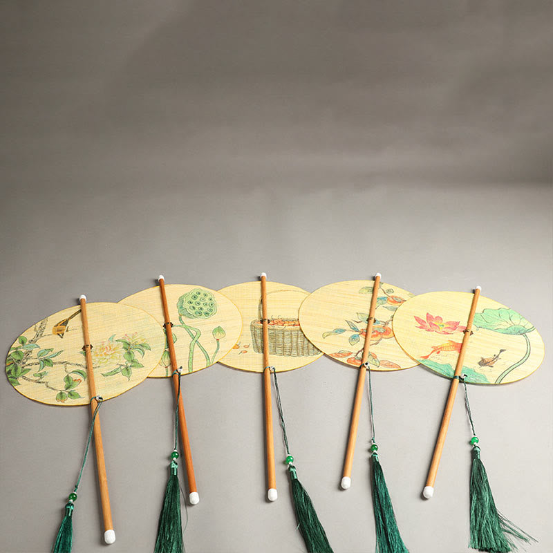 Buddha Stones Handmade Birds Flowers Persimmons Fruit Koi Fish Lotus Bamboo Long Handle Portable Curlable Fan - image 15
