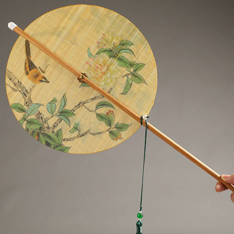 Buddha Stones Handmade Birds Flowers Persimmons Fruit Koi Fish Lotus Bamboo Long Handle Portable Curlable Fan - image 2