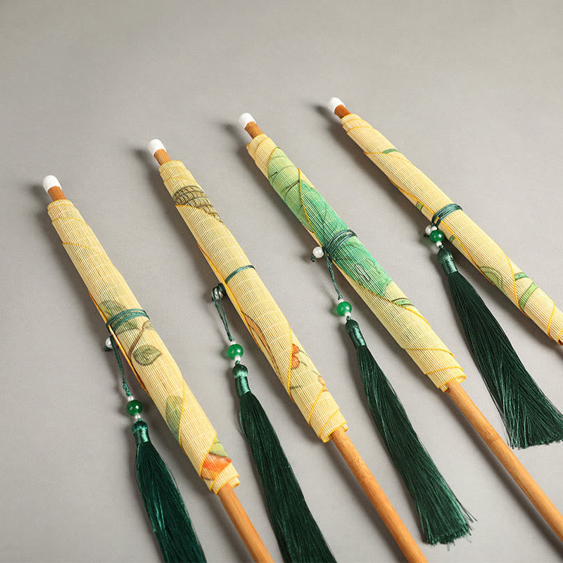 Buddha Stones Handmade Birds Flowers Persimmons Fruit Koi Fish Lotus Bamboo Long Handle Portable Curlable Fan - image 1