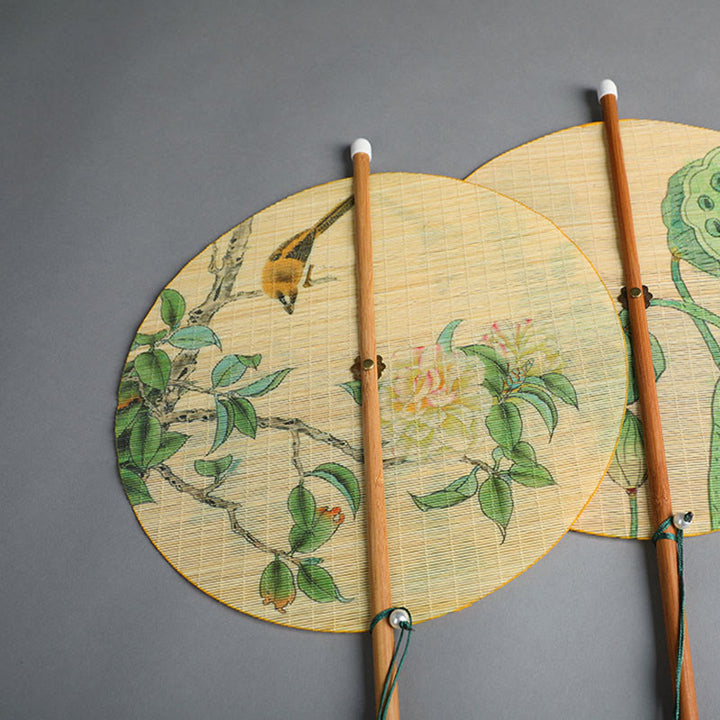 Buddha Stones Handmade Birds Flowers Persimmons Fruit Koi Fish Lotus Bamboo Long Handle Portable Curlable Fan - image 3