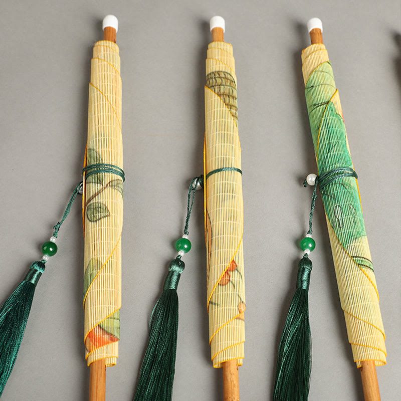 Buddha Stones Handmade Birds Flowers Persimmons Fruit Koi Fish Lotus Bamboo Long Handle Portable Curlable Fan - image 13