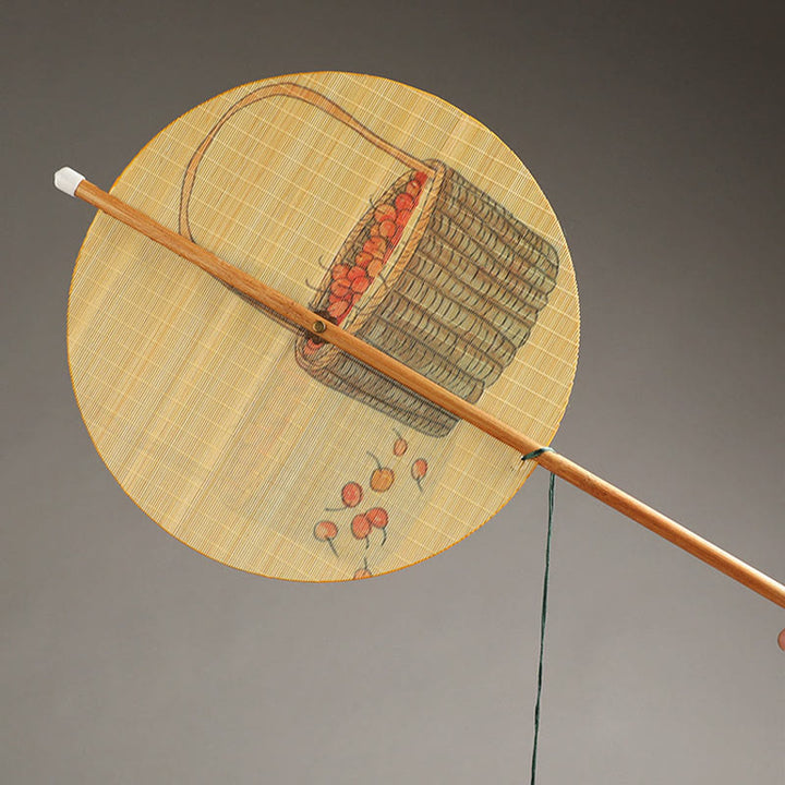 Buddha Stones Handmade Birds Flowers Persimmons Fruit Koi Fish Lotus Bamboo Long Handle Portable Curlable Fan - image 7