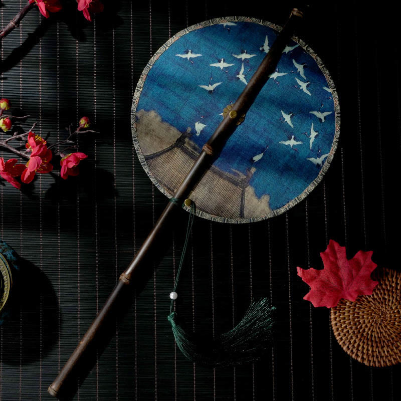 Buddha Stones Handmade Flowers Peach Loquat Bird Crane Butterfly Pattern Long Purple Bamboo Handle Portable Curlable Fan - White Crane 22*50cm - image 4