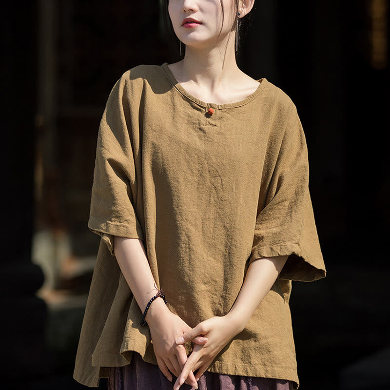 Buddha Stones Causal Half Sleeve Ramie Linen Cotton T-shirt Tee - DarkKhaki - US4-8/10，UK/AU8-12/14，EU36-40/42 (F) - image 0