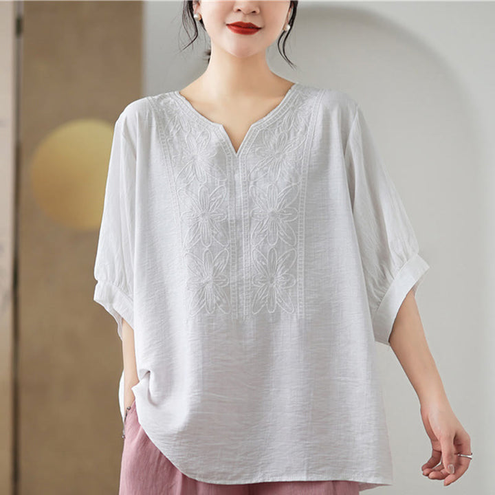 Buddha Stones Flower Embroidery Design Half Sleeve Cotton Linen T-shirt Tee - White - F(Fit for US4-6; UK/AU8-10; EU36-38) - image 15