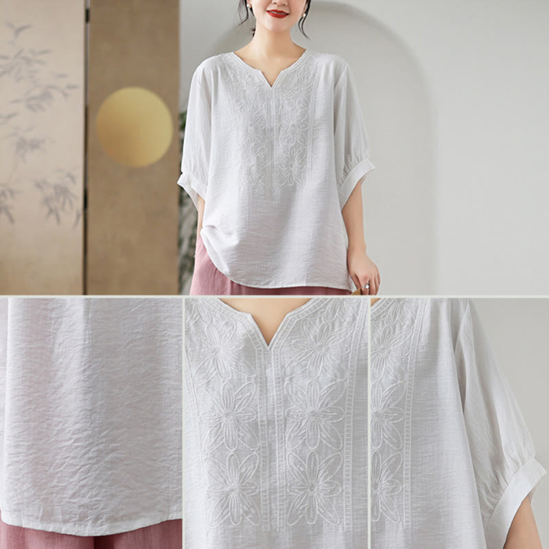 Buddha Stones Flower Embroidery Design Half Sleeve Cotton Linen T-shirt Tee - image 19