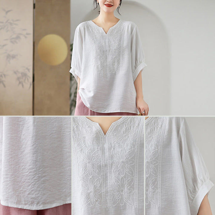 Buddha Stones Flower Embroidery Design Half Sleeve Cotton Linen T-shirt Tee - image 19