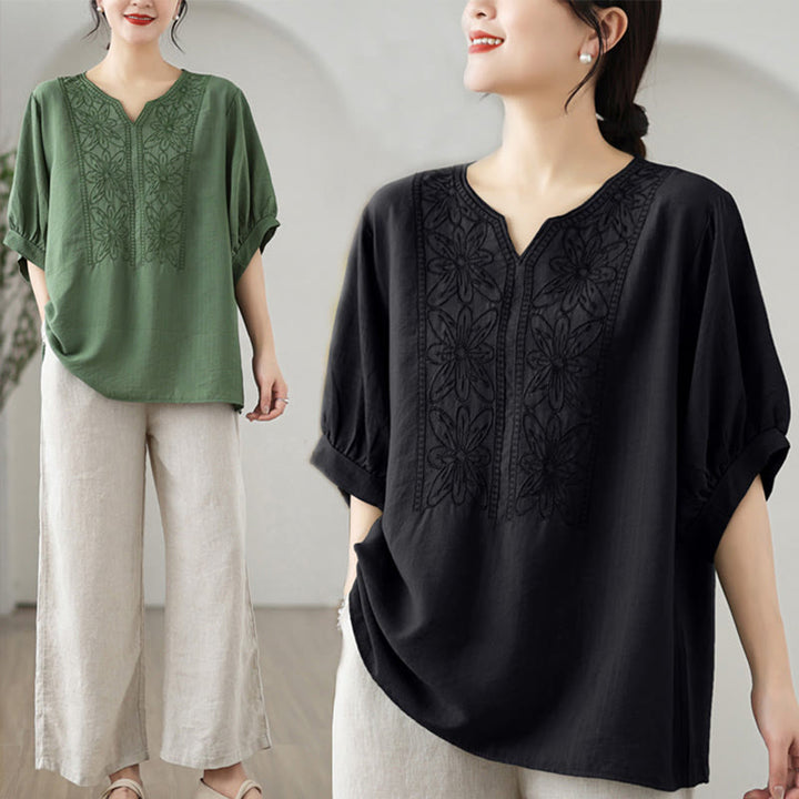 Buddha Stones Flower Embroidery Design Half Sleeve Cotton Linen T-shirt Tee - image 14