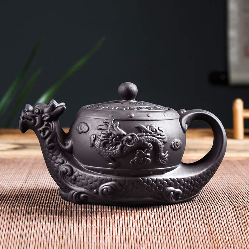 Buddha Stones Vintage Dragon Auspicious Clouds Purple Clay Ceramic Teapot - Black(400ml) - image 8