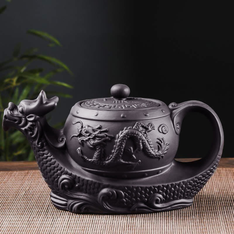 Buddha Stones Vintage Dragon Auspicious Clouds Purple Clay Ceramic Teapot - image 11