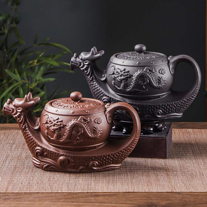 Buddha Stones Vintage Dragon Auspicious Clouds Purple Clay Ceramic Teapot - image 1