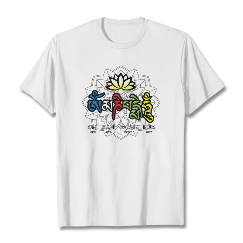 Buddha Stones Om Mani Padme Hum Lotus Tee T-shirt - White - 2XL - image 7