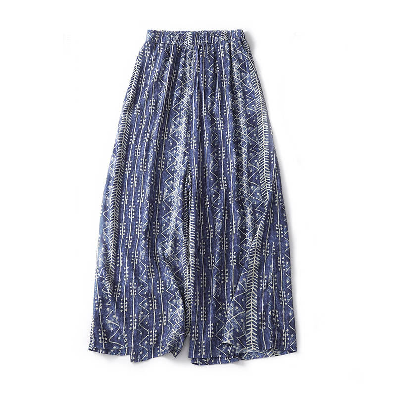 Buddha Stones Blue Stripes Print Cotton Linen Wide Leg Pants With Pockets - image 1