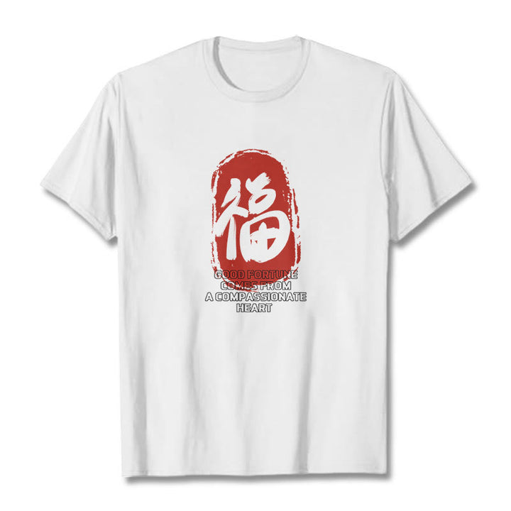Buddha Stones Fu Good Fortune Comes From A Compassionate Heart Tee T-shirt - White - 2XL - image 0