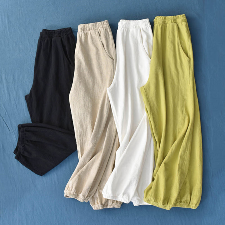 Buddha Stones Plain Color Ramie Linen Cotton Pants With Pockets - image 1