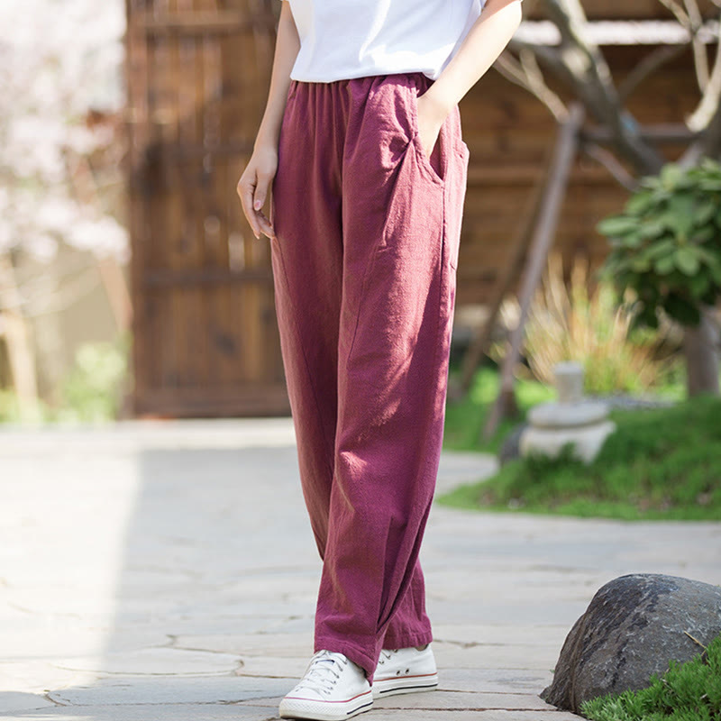 Buddha Stones Casual Ramie Linen Cotton Yoga Pants With Pockets - PaleVioletRed - US4，UK/AU8，EU36 (L) - image 14