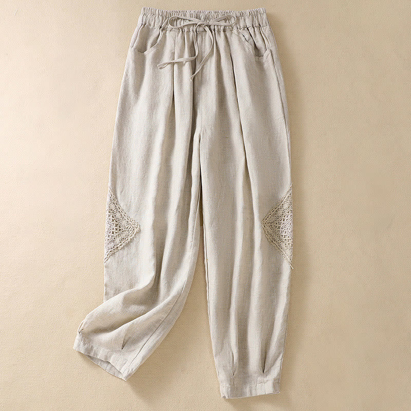 Buddha Stones Summer Women's Cotton Drawstring Harem Pants With Pockets - Linen - US8-10，UK/AU12-14，EU40-42 (2XL) - image 16