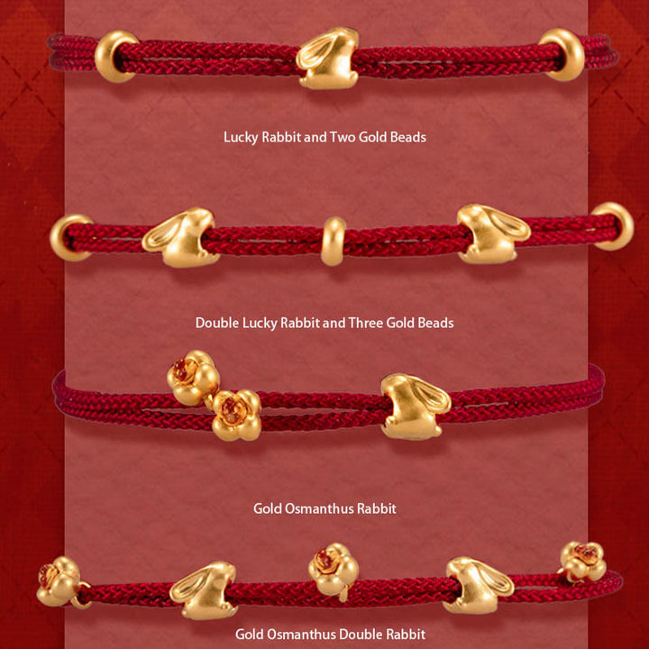 Buddha Stones 999 Gold Small Lucky Rabbit Osmanthus Design Handmade Luck Braided Rope Bracelet - image 1