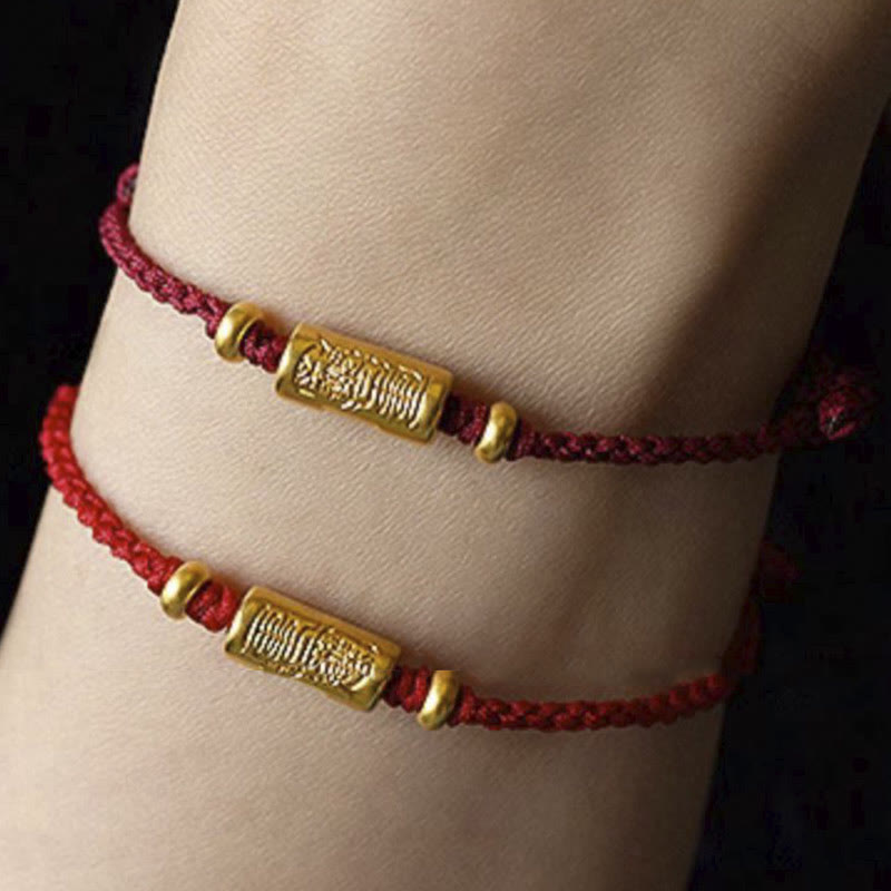 Buddha Stones 999 Gold Good Luck Amulet Carved Design Handmade Strength Braided Rope Bracelet - image 0