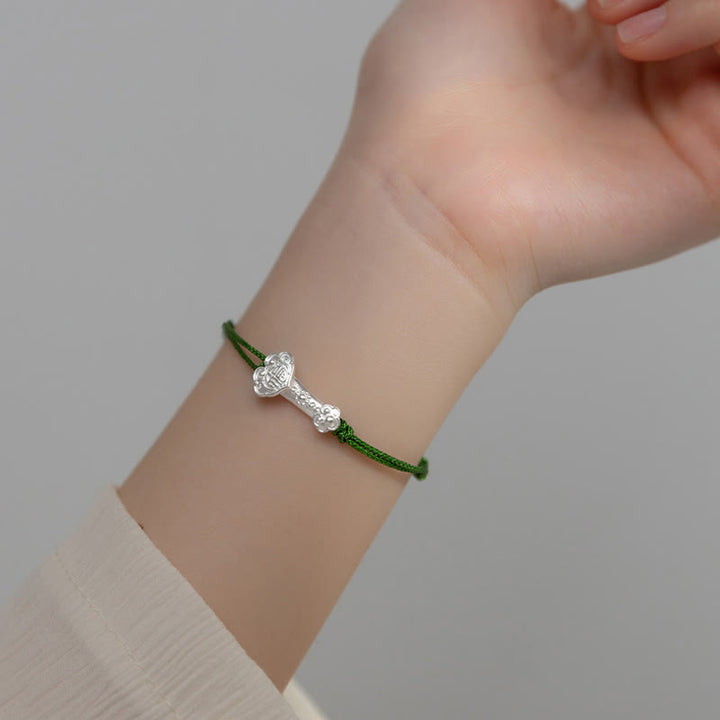 Buddha Stones Handmade 999 Sterling Silver Fu Character Wish Ruyi Handle Luck Braided Green Rope Bracelet - image 3