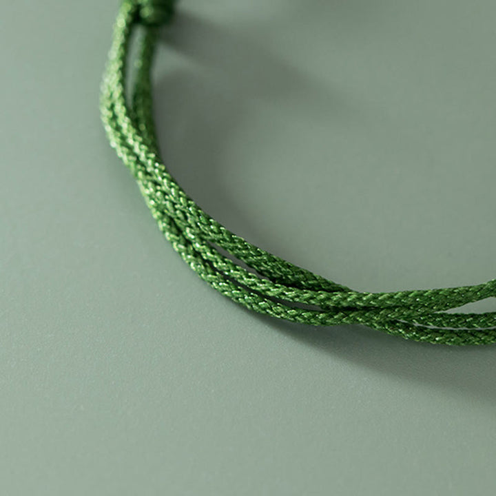 Buddha Stones Handmade 999 Sterling Silver Fu Character Wish Ruyi Handle Luck Braided Green Rope Bracelet - image 9