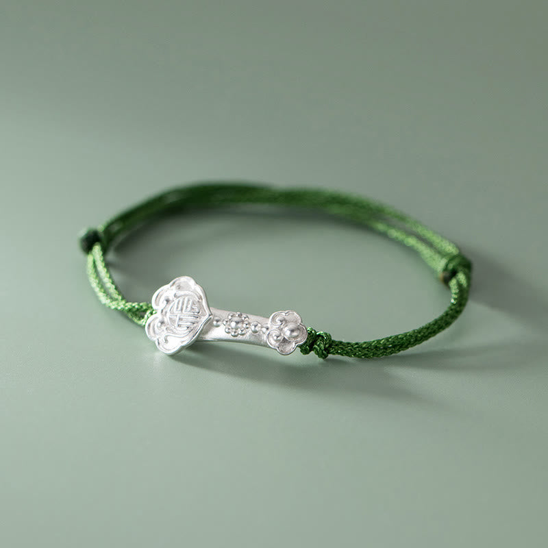Buddha Stones Handmade 999 Sterling Silver Fu Character Wish Ruyi Handle Luck Braided Green Rope Bracelet - Fu Character(Wrist Circumference 14-18cm) - image 0