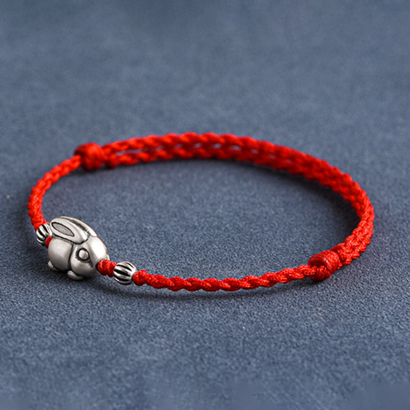 Buddha Stones Handmade 999 Sterling Silver Rabbit Luck Rope Bracelet Anklet - image 2