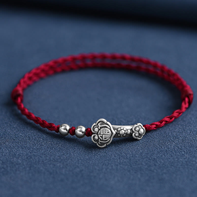 Buddha Stones Handmade 999 Sterling Silver Fu Character Wish Ruyi Handle Fortune Rope Bracelet Anklet - Anklet(Circumference 18-30cm) - Dark Red - image 0