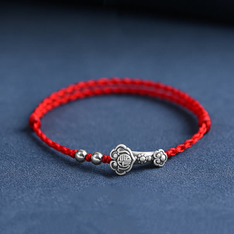 Buddha Stones Handmade 999 Sterling Silver Fu Character Wish Ruyi Handle Fortune Rope Bracelet Anklet - Anklet(Circumference 18-30cm) - Red - image 9