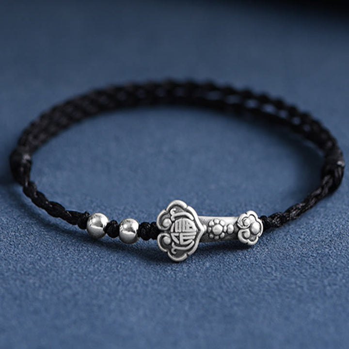 Buddha Stones Handmade 999 Sterling Silver Fu Character Wish Ruyi Handle Fortune Rope Bracelet Anklet - Anklet(Circumference 18-30cm) - Black - image 17
