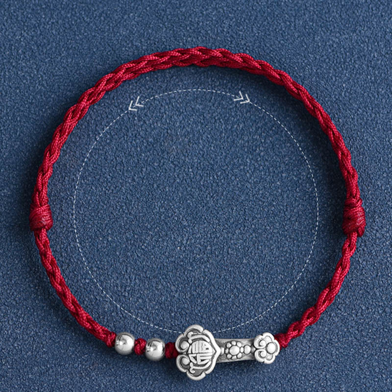 Buddha Stones Handmade 999 Sterling Silver Fu Character Wish Ruyi Handle Fortune Rope Bracelet Anklet - image 4
