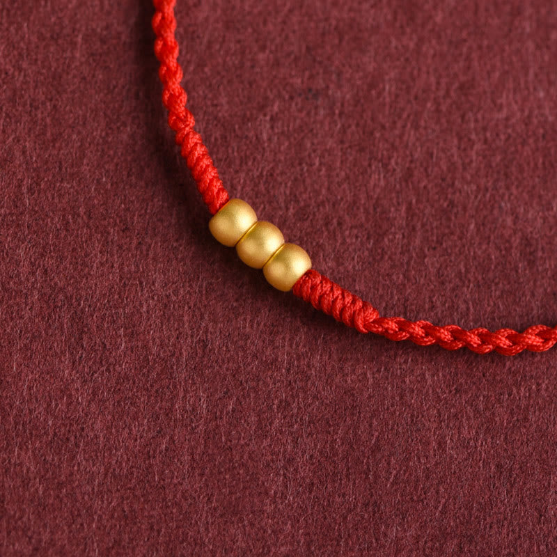 Buddha Stones 999 Gold Mini Three Beads Design Handmade Luck Rope Bracelet Anklet - image 1