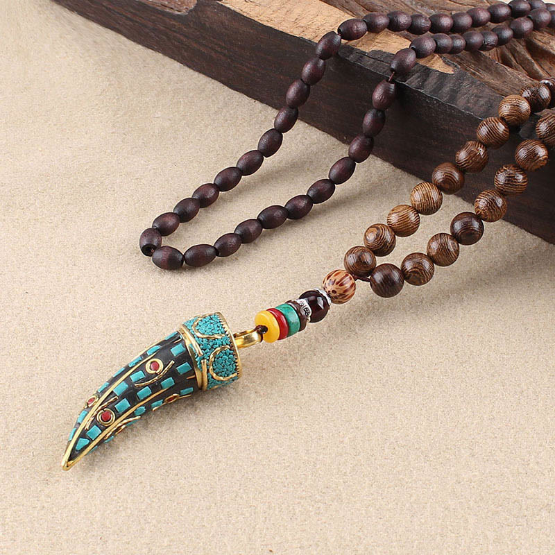 Buddha Stones Tibet Wenge Wood Om Mani Padme Hum OM Symbol Mantra Horn Pattern Protection Necklace Pendant - Wenge Wood&Turquoise - image 9