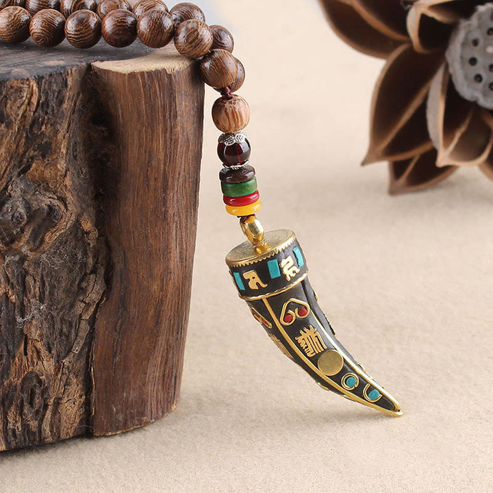 Buddha Stones Tibet Wenge Wood Om Mani Padme Hum OM Symbol Mantra Horn Pattern Protection Necklace Pendant - image 2