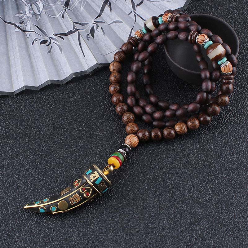 Buddha Stones Tibet Wenge Wood Om Mani Padme Hum OM Symbol Mantra Horn Pattern Protection Necklace Pendant - image 3