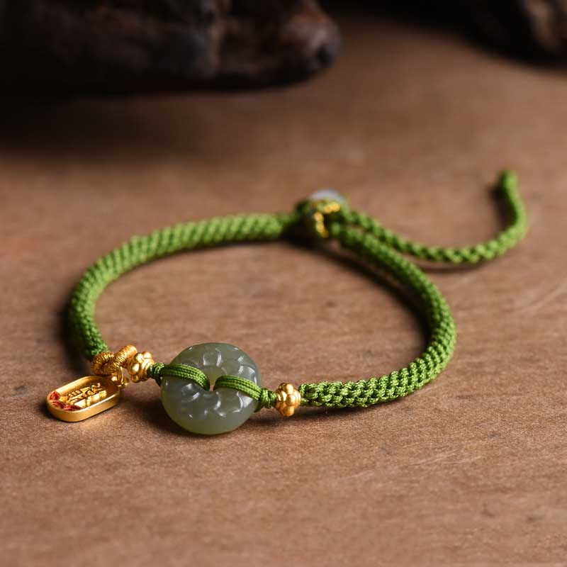 Buddha Stones Green Jade Peace Buckle Green Rope Bracelet - Hetian Jade(Wrist Circumference: 14-17cm) - image 0