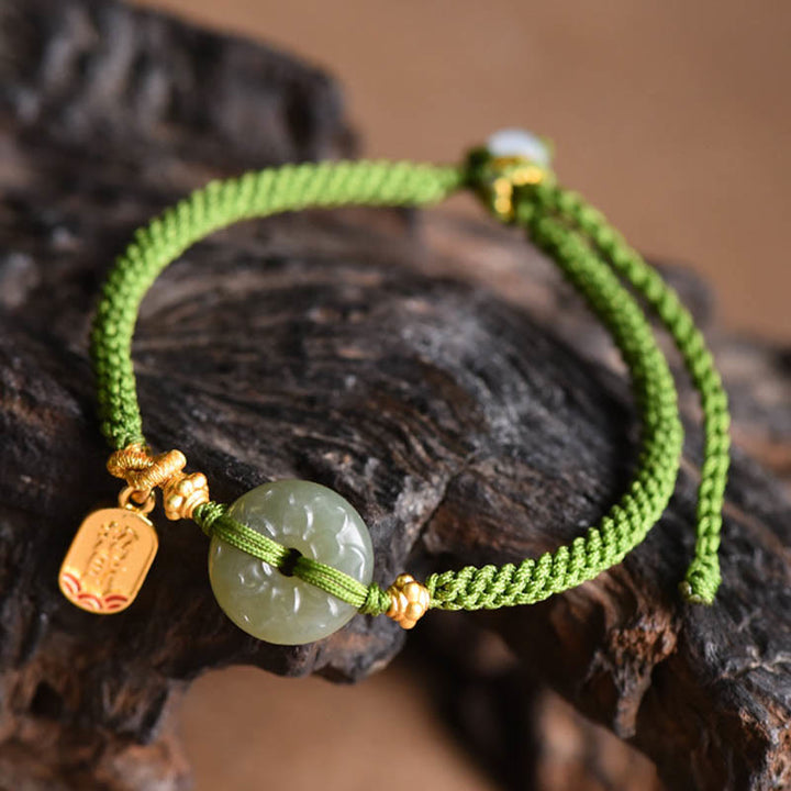 Buddha Stones Green Jade Peace Buckle Green Rope Bracelet - image 2