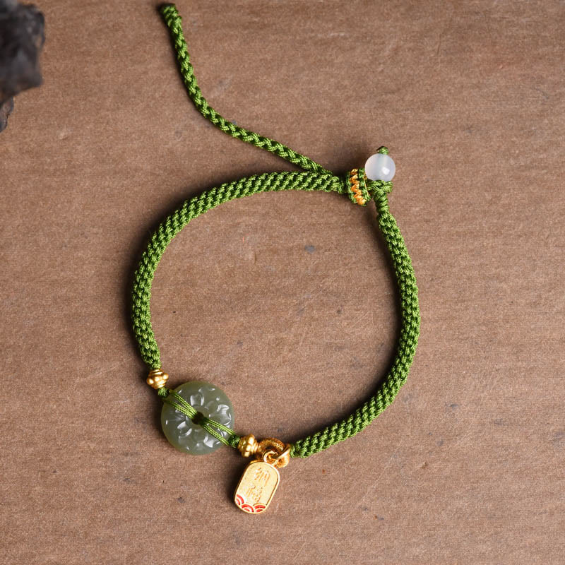 Buddha Stones Green Jade Peace Buckle Green Rope Bracelet - image 7